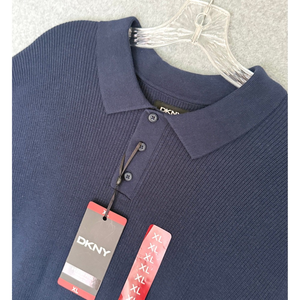 New! DKNY Sweater Polo Mens XL Navy Blue Ribbed Knit 100% Cotton Casual NWT